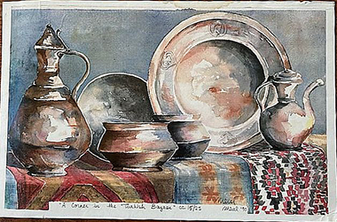 A corner in the Turkish Bazaar, watercolour painting by Meral Altinbilek