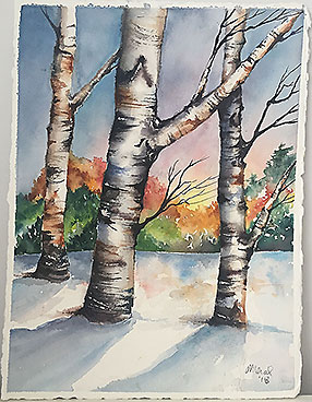 Birch Trees On Snow, watercolour painting by Meral Altinbilek