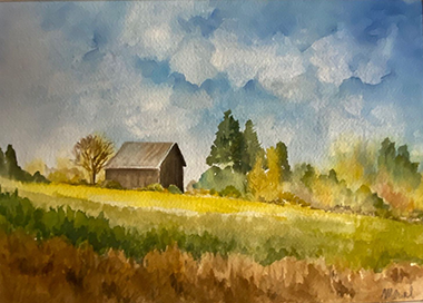 Distant Barn, watercolour painting by Meral Altinbilek