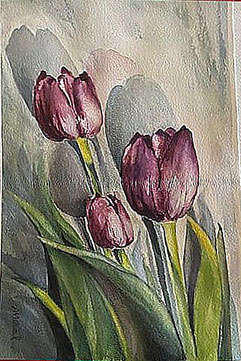 Purple Tulips, watercolour painting by Meral Altinbilek