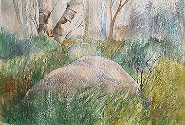 Shadows over big rock, watercolour painting by Meral Altinbilek